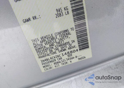 2019 Nissan Altima 2.5 Sr из США, поврежденный, VIN 1N4BL4CV2KC148804